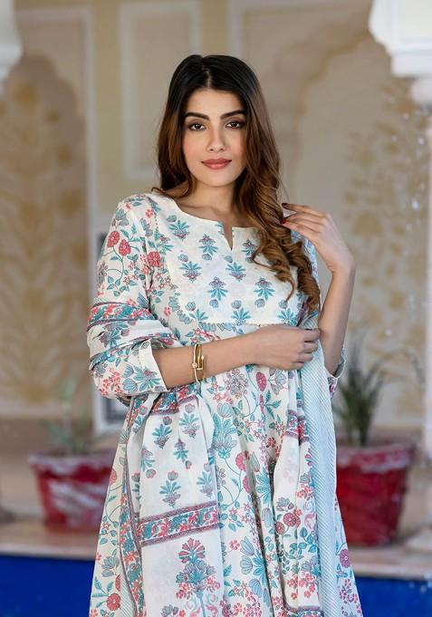 Cream Embroidered Poly Blended Kurta Sets