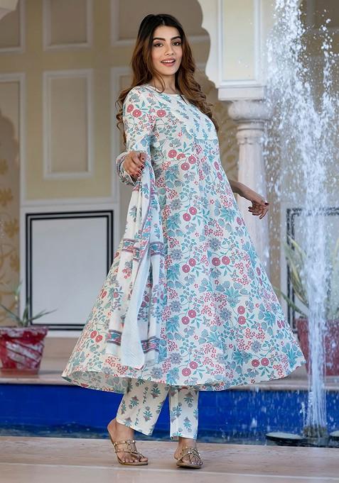 Cream Embroidered Poly Blended Kurta Sets