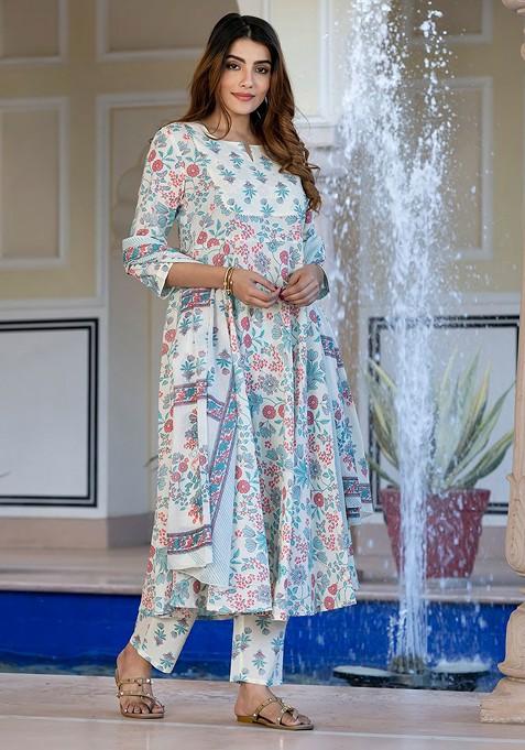 Cream Embroidered Poly Blended Kurta Sets