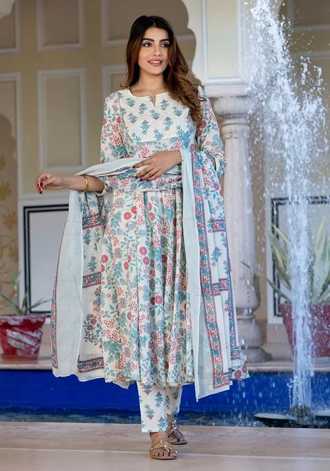 Cream Embroidered Poly Blended Kurta Sets