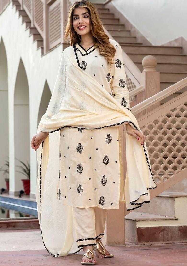 Cream Embroidered Poly Blended Kurta Sets