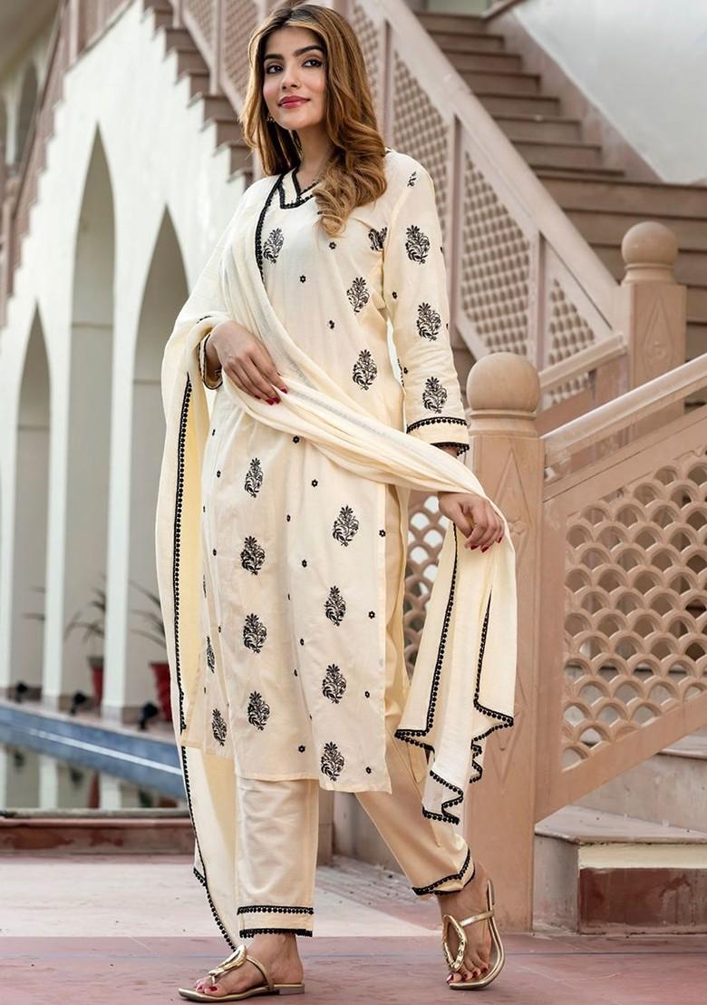Cream Embroidered Poly Blended Kurta Sets - Indya