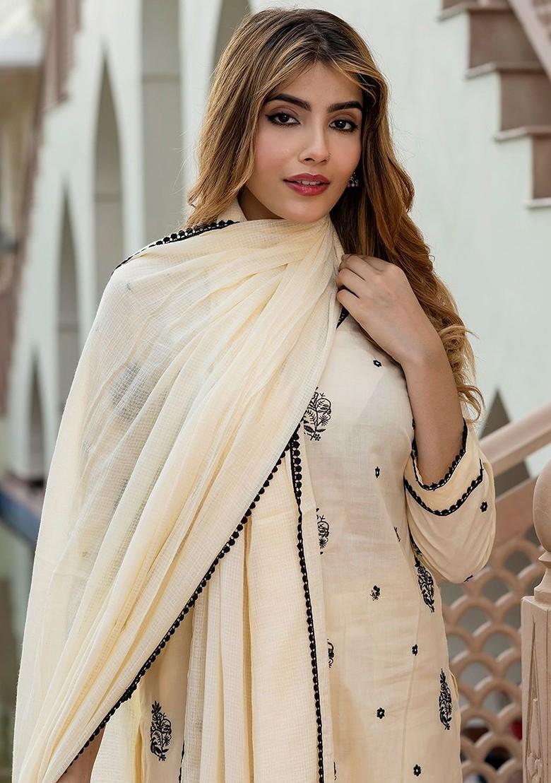 Cream Embroidered Poly Blended Kurta Sets