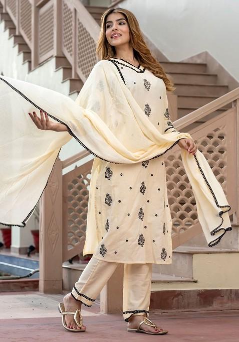 Cream Embroidered Poly Blended Kurta Sets