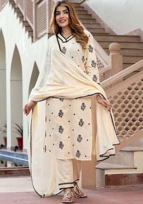 Cream Embroidered Poly Blended Kurta Sets