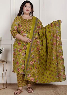 Olive Embroidered Poly Blended Kurta Sets