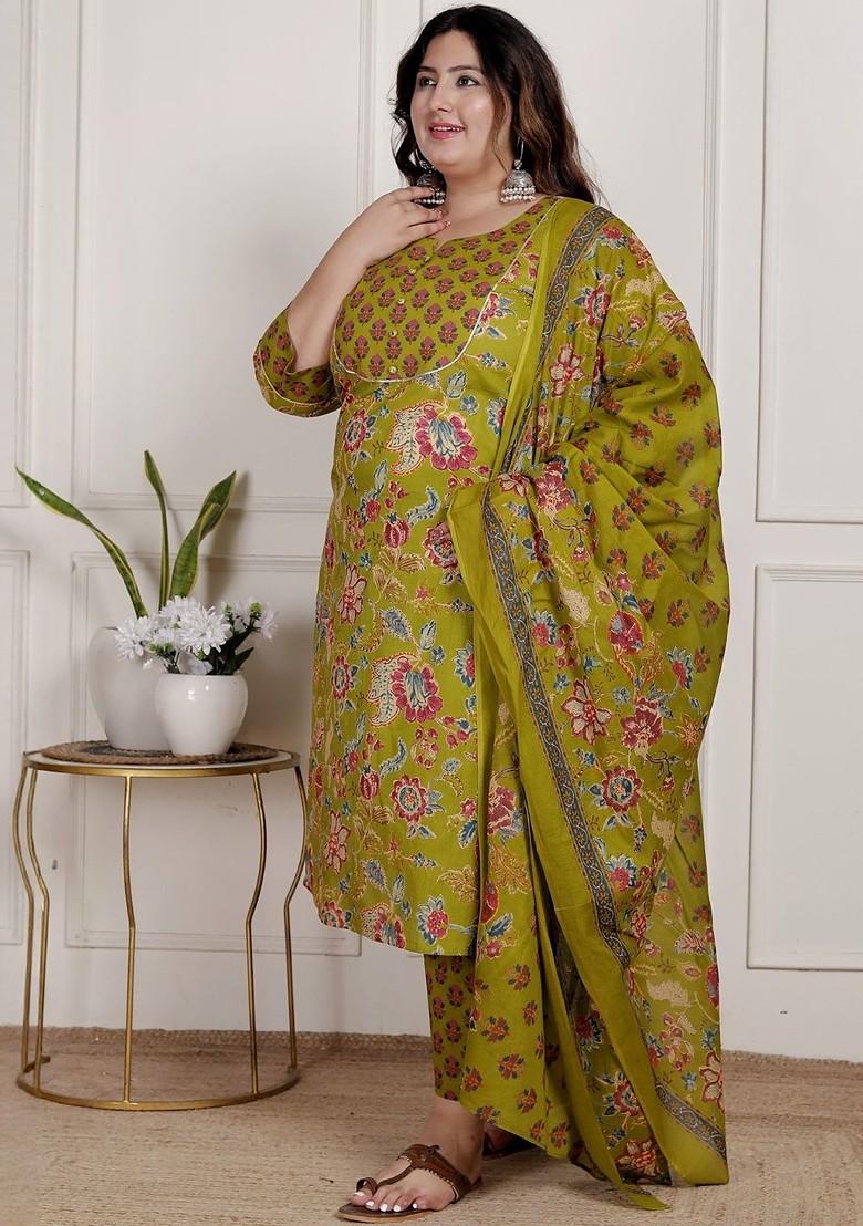 Olive Embroidered Poly Blended Kurta Sets - Indya