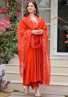 Orange Embroidered Poly Blended Kurta Sets