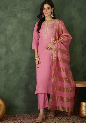 Pink Embroidered Poly Blended Kurta Sets