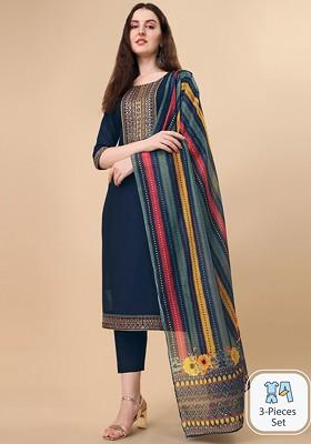 Navy Blue Embroidered Poly Blended Kurta Sets