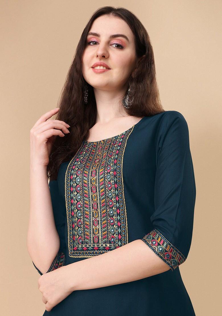 Navy Blue Embroidered Poly Blended Kurta Sets
