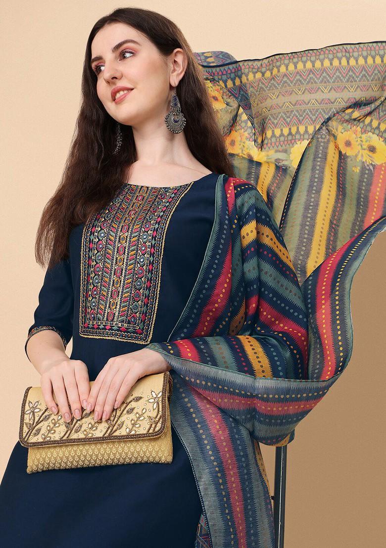 Navy Blue Embroidered Poly Blended Kurta Sets