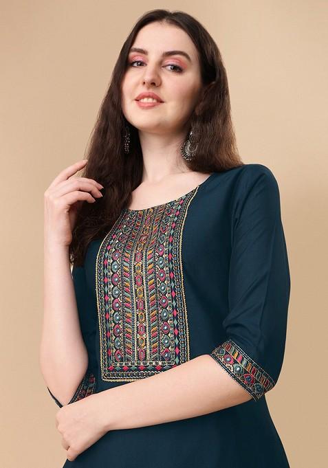 Navy Blue Embroidered Poly Blended Kurta Sets