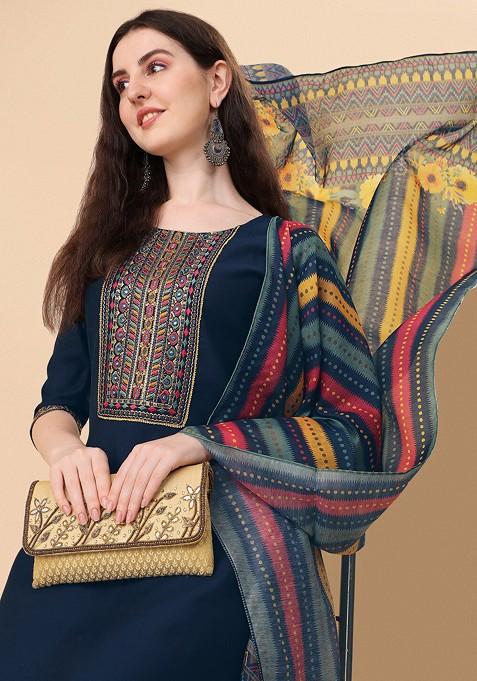 Navy Blue Embroidered Poly Blended Kurta Sets