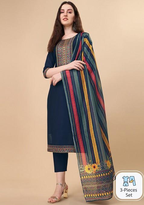 Navy Blue Embroidered Poly Blended Kurta Sets