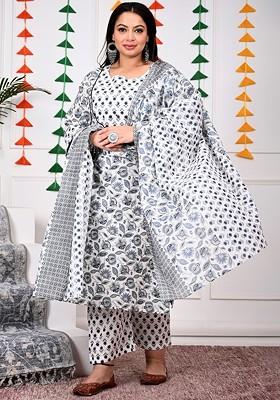 White Embroidered Poly Blended Kurta Sets