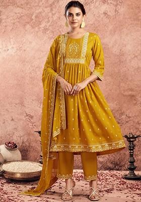 Mustard Embroidered Poly Blended Kurta Sets