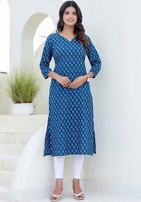 Blue Embroidered Poly Blended Kurtas