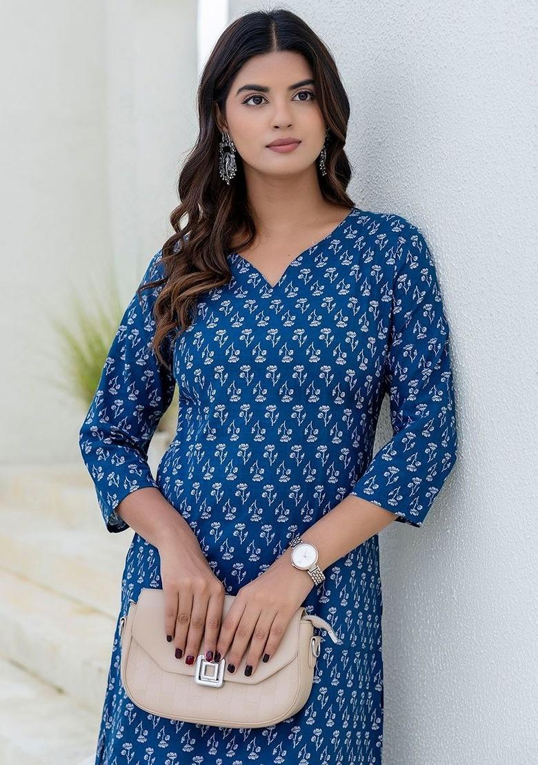 Blue Embroidered Poly Blended Kurtas - Indya