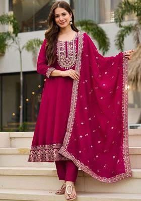 Magenta Embroidered Poly Blended Kurta Sets