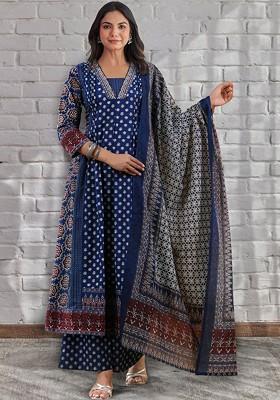 Navy Blue Embroidered Poly Blended Kurta Sets