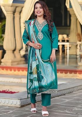 Teal Embroidered Poly Blended Kurta Sets
