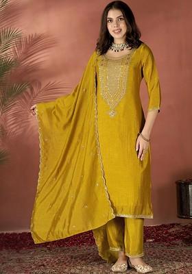 Mustard Embroidered Poly Blended Kurta Sets