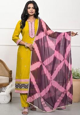 Yellow Embroidered Poly Blended Kurta Sets