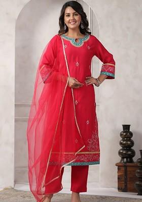 Red Embroidered Poly Blended Kurta Sets