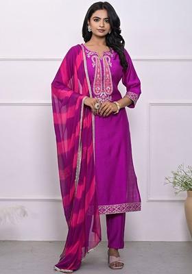 Purple Embroidered Poly Blended Kurta Sets