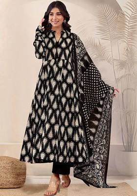 Black Embroidered Poly Blended Kurta Sets