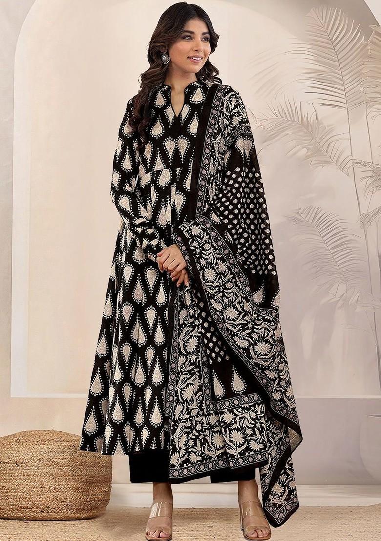 Black Embroidered Poly Blended Kurta Sets - Indya