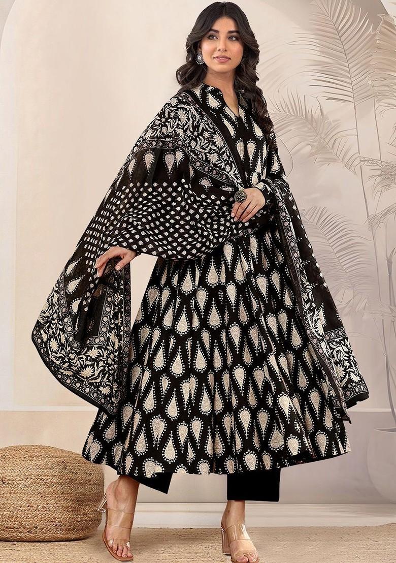 Black Embroidered Poly Blended Kurta Sets - Indya