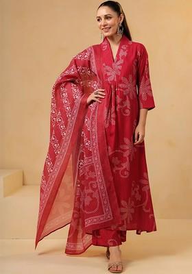 Red Embroidered Poly Blended Kurta Sets