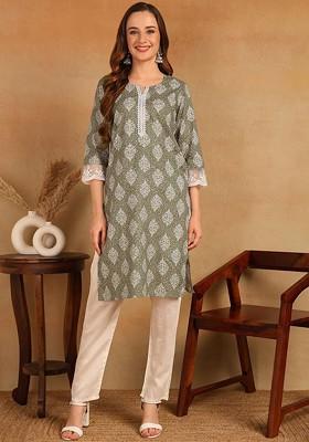 Grey Embroidered Poly Blended Kurtas