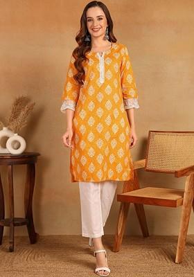 Yellow Embroidered Poly Blended Kurtas