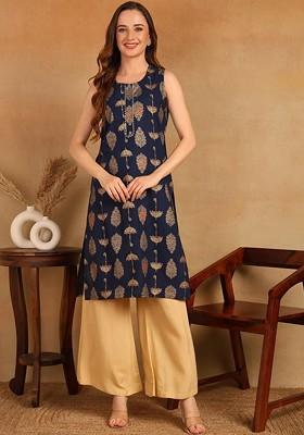 Blue Embroidered Poly Blended Kurtas