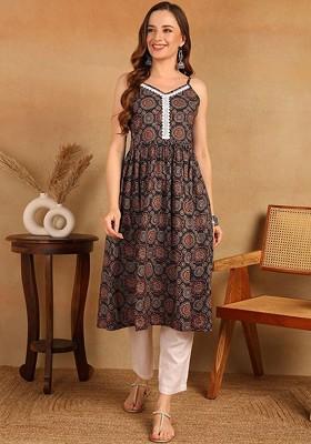 Black Embroidered Poly Blended Kurtas