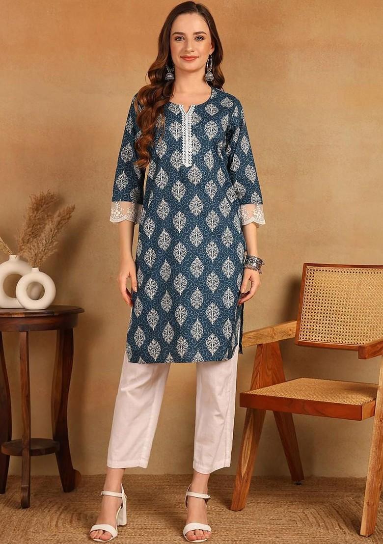 Blue Embroidered Poly Blended Kurtas - Indya