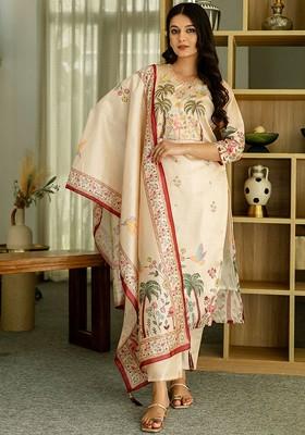 Cream Embroidered Poly Blended Kurta Sets