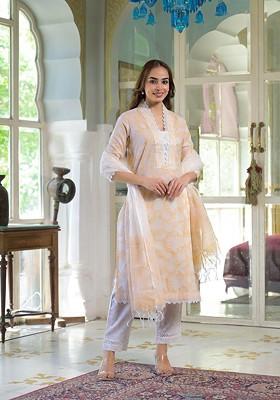 Peach Embroidered Poly Blended Kurta Sets