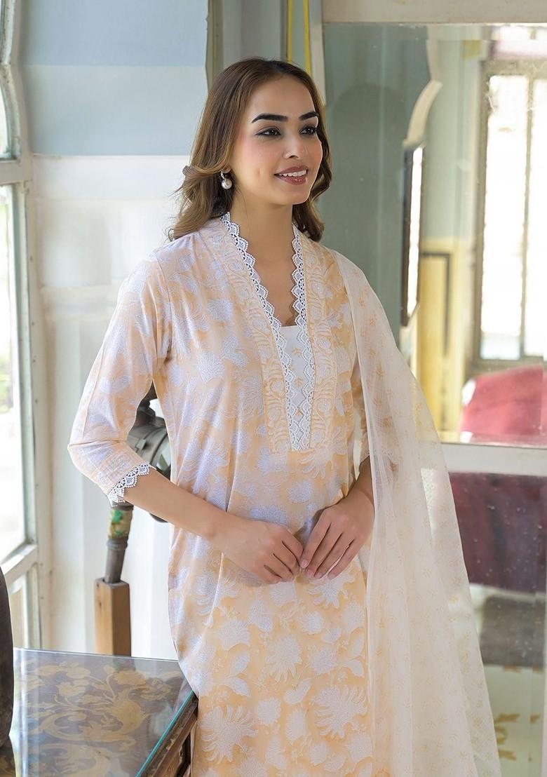 Peach Embroidered Poly Blended Kurta Sets - Indya