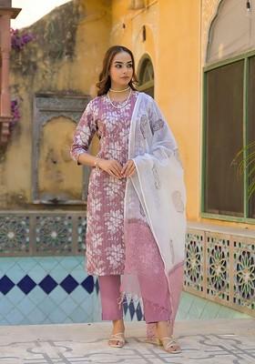 Peach Embroidered Poly Blended Kurta Sets