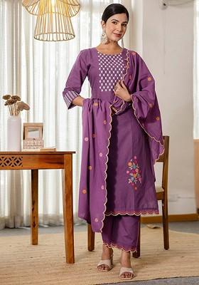 Purple Embroidered Poly Blended Kurta Sets