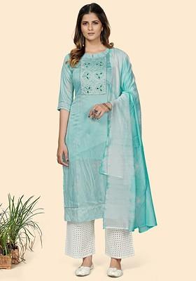 Turquoise Blue Embroidered Poly Blended Kurtas