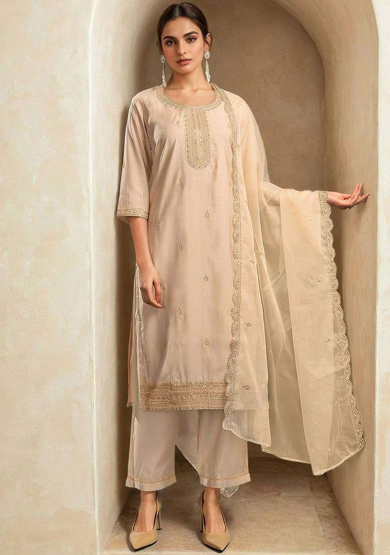 Beige Embroidered Poly Blended Kurta Sets - Indya