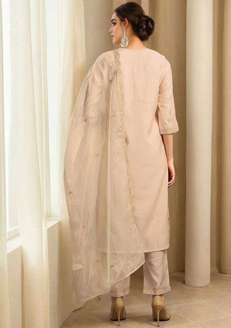 Beige Embroidered Poly Blended Kurta Sets - Indya