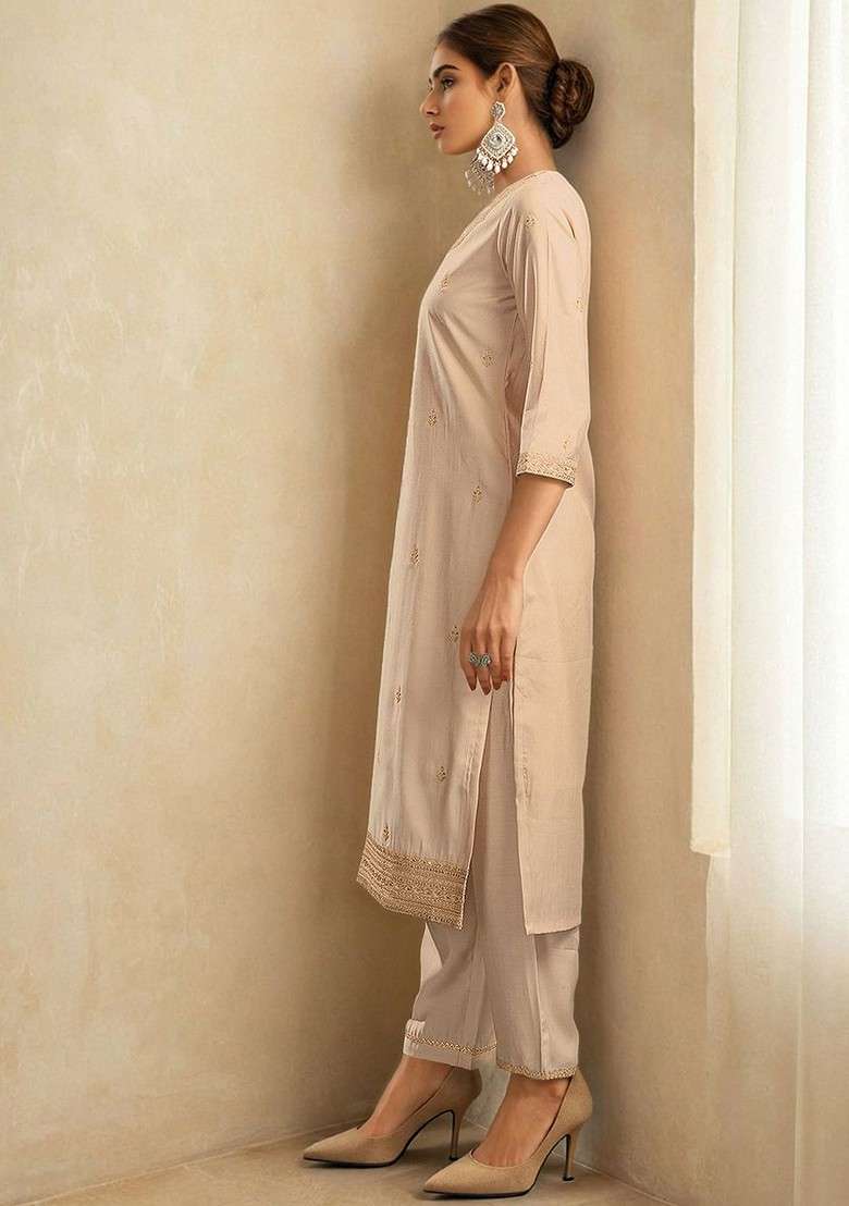 Beige Embroidered Poly Blended Kurta Sets - Indya