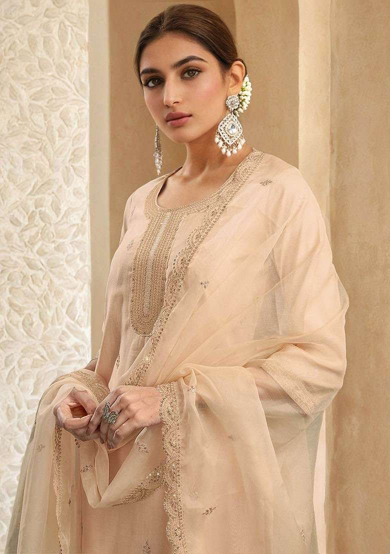 Beige Embroidered Poly Blended Kurta Sets - Indya