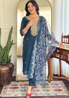 Teal Embroidered Poly Blended Kurta Sets